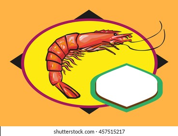 Prawn or shrimp drawing on a frame for soy sauce, crackers or chips labels. Editable Clip art.