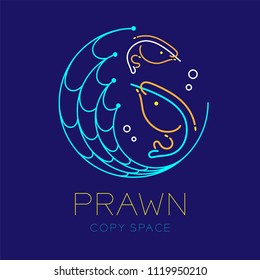 Prawn or shrimp, Fishing net circle shape and Air bubble logo icon outline stroke set dash line design illustration isolated on dark blue background with prawn text and copy space