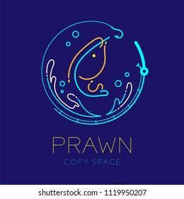 Prawn or shrimp, Fishing rod circle shape, Water splash and Air bubble logo icon outline stroke set dash line design illustration isolated on dark blue background with prawn text and copy space