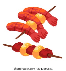 Pared shrimp skewer carne barbacoa satay stick tradicional chino asia vector de comida ilustración