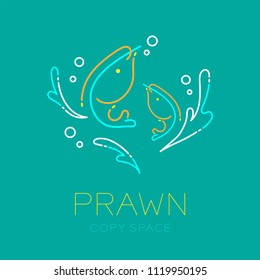 Prawn or shrimp, Water splash and Air bubble logo icon outline stroke set dash line design illustration isolated on green turquoise background with prawn text and copy space