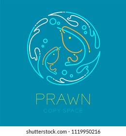 Prawn or shrimp, Water splash circle frame shape and Air bubble logo icon outline stroke set dash line design illustration isolated on blue background with prawn text and copy space
