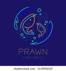 Prawn or shrimp, Water splash, Coral, Seaweed and Air bubble logo icon outline stroke set dash line design illustration isolated on dark blue background with prawn text and copy space