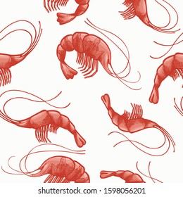 Prawns colored seamless pattern. Hand drawn vector seafood illustration. Engraved style shrimps. Retro sea food background