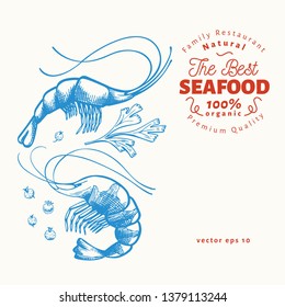 Prawns illustrations. Hand drawn vector seafood illustration. Engraved style. Retro shrimps