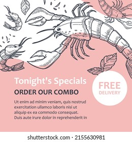 Prawns and lobster, order our combo from restaurant and get free delivery on special meal. Tonight special from chef, gourmet dishes seafood variety. Monochrome sketch outline, vector in flat style