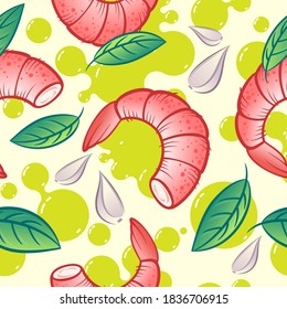 Langostinos y plantas sin fisuras. Camarones, albahaca, ajo y aceite de oliva. Ilustración plana simple original. 