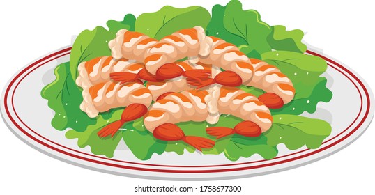 Prawns with salad served on plate