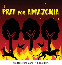 pray for amazonia poster with a big cat, deer and birds running from the fire in the trees