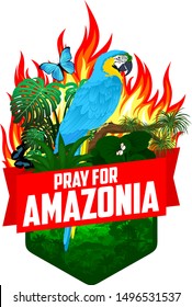 Pray for Amazonia - Save Jungle Rainforest - Deforestation Concept  Vector Illustration emblem with parrot blue-and-yellow macaw, Morpho menelaus, Amazon beauty and Glasswing butterfly