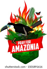 Pray for Amazonia - Save Jungle Rainforest - Deforestation Concept Vector Illustration emblem with  channel-billed toucan and giant swallowtail butterfly