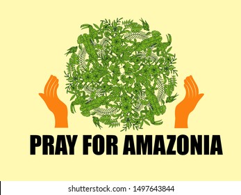 Pray for amazonia solidarity illustration image with forest, hands and text