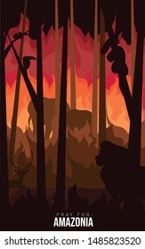 Pray For Amazonia.Animals Silhouette in Burning forest,Vector Illustration 