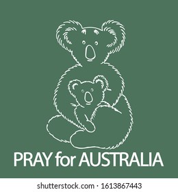 Pray for Australia and animals. Vector illustration with silhouette koala and baby koala on green background.