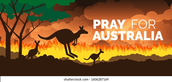 Pray For Australia Banner Forest In Fire Burning  With Kangaroo Silhouettes