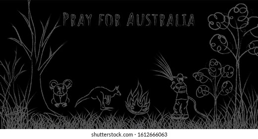 Pray for Australia Bushfires Hand Draw Skate on Black Background
