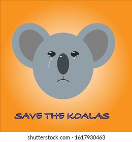 Pray for Australia. Crying Koala on an orange gradient background with the inscription save the koalas. Vector illustration. Theme of forest fire, animal protection Day, save the animals