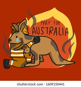 Pray For Australia Fireman Save Kangaroo Cartoon Vector Illustration