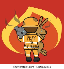 Pray for Australia fireman save koala and kangaroo cartoon vector illustration