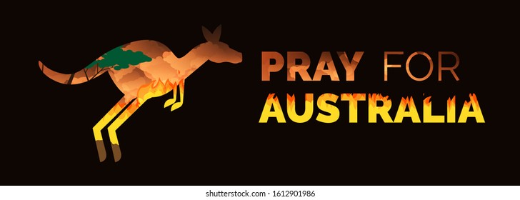 pray for australia  forest in fire bushfires  with kangaroo silhouettes on dark background
