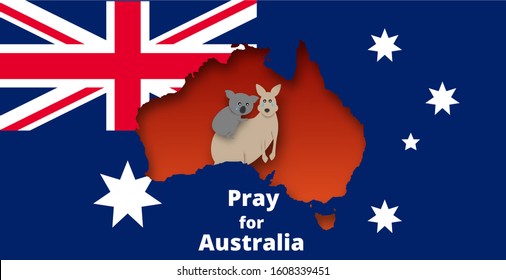 Pray for australia. Australia forest fire. design with Kangaroo, Koala and forest Australian map background. vector. illustration.