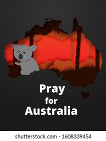 Pray for australia. Australia forest fire. design with Koala and forest fire background. Australian map. vector. illustration.