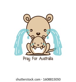 Pray for Australia. Kangaroo and her baby crying vector illustration.