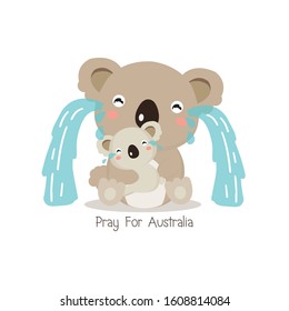 Pray for Australia. Koala bear and her baby crying vector illustration.