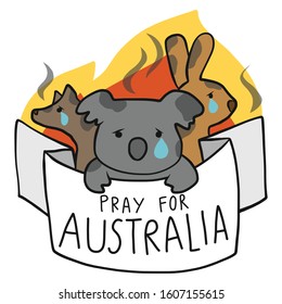 Pray for Australia koala and kangaroo and wolf cartoon vector illustration