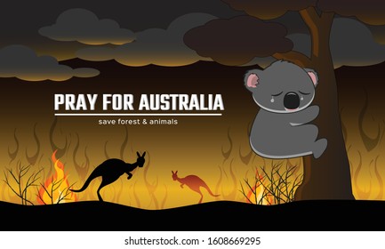 Pray For Australia, Save Animals Kangaroo, Koala, And Forest, Wildfire Burning Background, Fight Together, Vector Illustration.