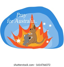 Pray for Australia save forest save animals save kangaroos and koalas ,stop fire help animals help kangaroos help koala forest at Australia ,blue  background with kangaroo and koala ,red background 