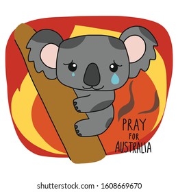 Pray for Australia Save koala from fire and cartoon vector illustration