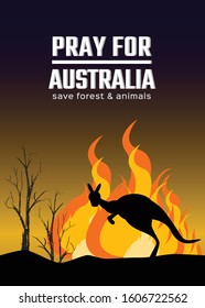 Pray for Australia, Vector and Illustrator, Save forest and animals, Kangaroo silhouette with Fire Burning background.