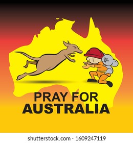 Pray for Australia words with cartoon illustration of a crying kangaroo running towards a sitting fireman with koala bear on his back. Australia map in background