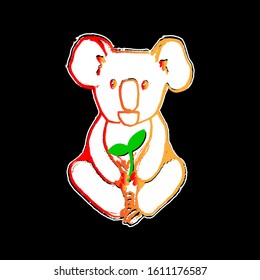 Pray for Australia.Cute Koala with leaf sitting hand drawn isolated on black background.Outline vector doodle illustration. World peace.Fight together.Animal Protection Day. Save animals, save forest.