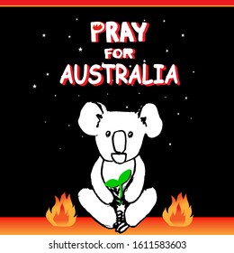 Pray for Australia.Cute Koala with leaf sitting hand drawn isolated on black background.Outline vector doodle illustration. World peace.Fight together.Animal Protection Day. Save animals, save forest.