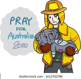 pray for australia,firefighter rescue koala from fire cartoon vector