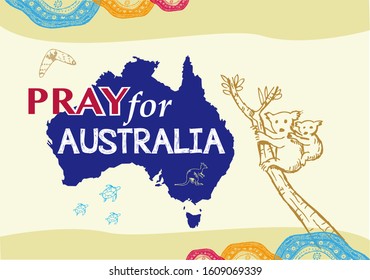 Pray for Australian on map with doodles of animal and aboriginal art. Editable Clip art.
