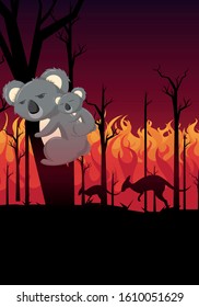 Pray for Australia.scared koala with a baby koala trying to escape from the burning forest fires