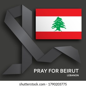 Pray for Beirut background with black ribbon and flag. Vector illustration.