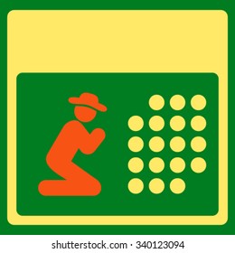 Pray Binder vector icon. Style is bicolor flat symbol, orange and yellow colors, rounded angles, green background.