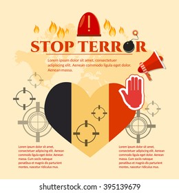 Pray for Brussels 22 March 2016. Stop terror. Belgian flag in the shape of heart. Terroristic attacks in Brussels.
