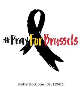 Pray for Brussels hashtag and black ribbon on background. Tribute to victims of terrorism in airport. 