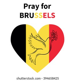 Pray for Brussels. Vector black Dove of peace isolated on Belgium flag. Vector illustration Pray for Brussels 22 March 2016. Tribute to victims of terroristic attacks in Brussels