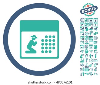 Pray Calendar icon with bonus calendar and time management images. Vector illustration style is flat iconic bicolor symbols, cobalt and cyan colors, white background.