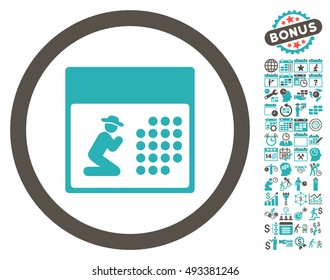Pray Calendar pictograph with bonus calendar and time management pictogram. Vector illustration style is flat iconic bicolor symbols, grey and cyan colors, white background.