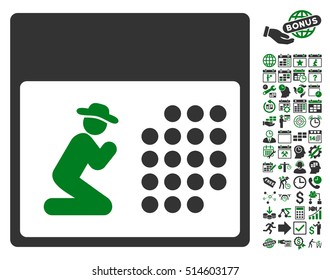 Pray Calendar pictograph with bonus calendar and time management icon set. Vector illustration style is flat iconic bicolor symbols, green and gray colors, white background.