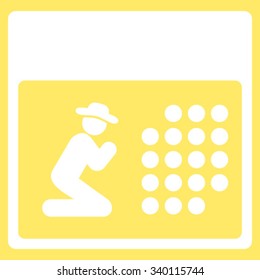 Pray Calendar vector icon. Style is flat symbol, white color, rounded angles, yellow background.