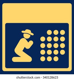 Pray Calendar vector icon. Style is flat symbol, yellow color, rounded angles, blue background.