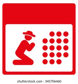 Pray Calendar vector icon. Style is flat symbol, red color, rounded angles, white background.